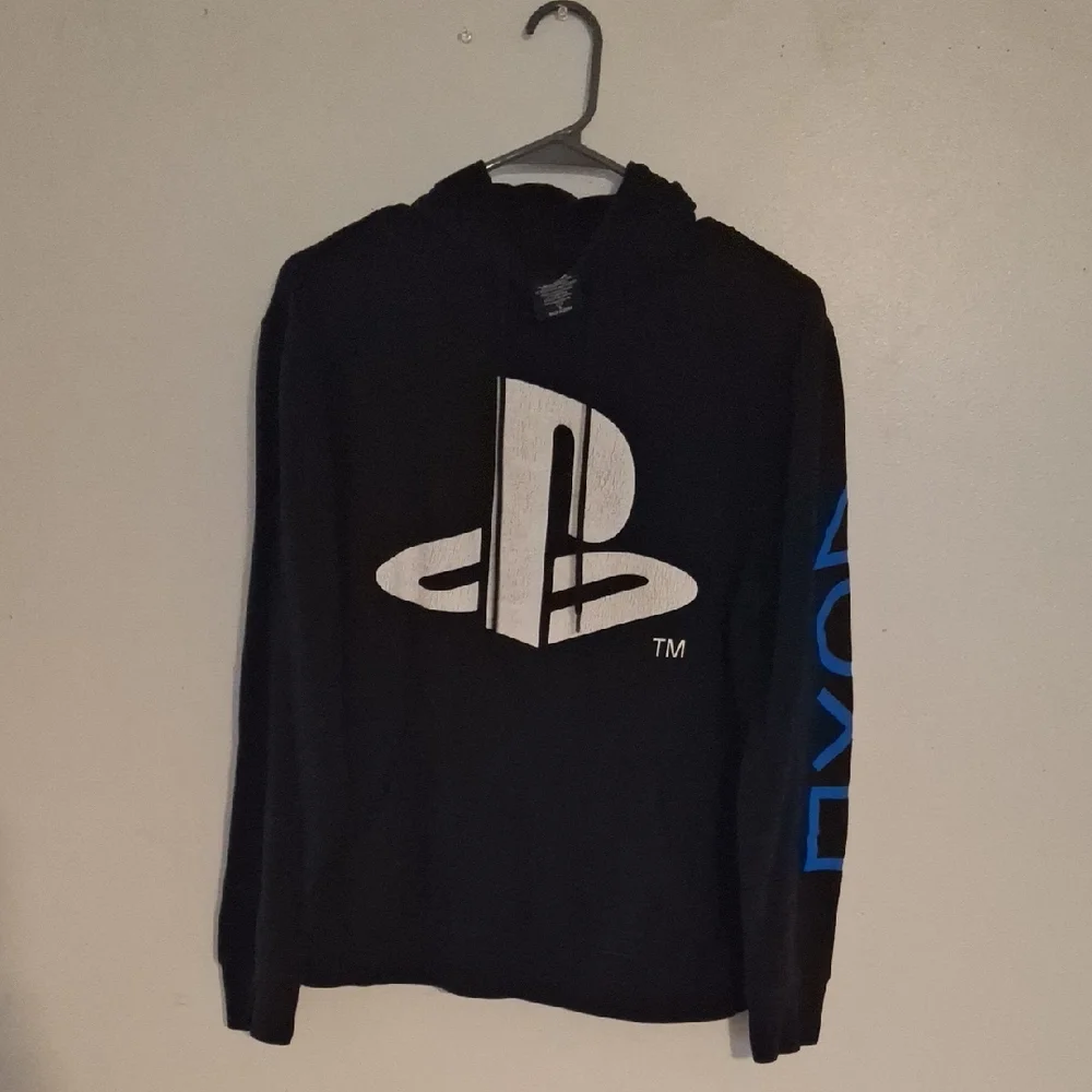 Sony Black Hoodie with White Logo and Blue Sleeve